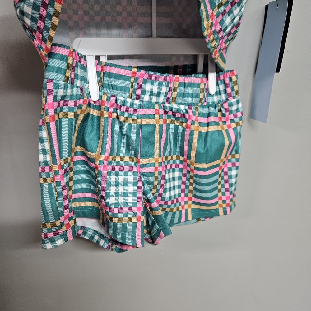 Kids Girls Xs 4/5 Fleece Pajama Set Checkered- Green & Pink Short Sleeve Shorts - Picture 4 of 7